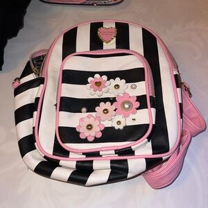 Betsey Johnson Striped Black and White Mini-Backpack with Pink Accents